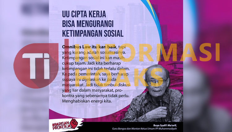 Poster atau selebaran terkait mantan Ketua PP Muhammadiyah, H Ahmad Syafii Maarif atau Buya Syafii Maarif mendukung UU Cipta Kerja. (Sumber: @Epulih/Twitter)