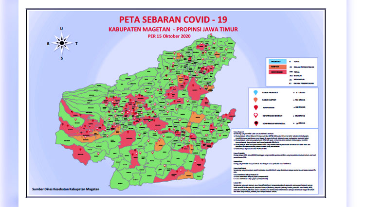Peta penyebaran Covid-19 di Kabupaten Magetan per 15 Oktober 2020 malam. (Foto: Satgas Penanganan Covid-19 Magetan)