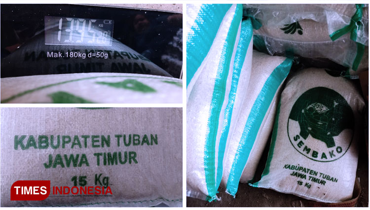 Salah satu produk dari distributor beras BPNT  di wilayah Kabupaten Tuban (15/10/2020). (FOTO: Ahmad Istihar/TIMES Indonesia) 
