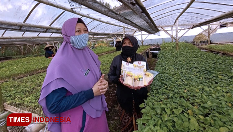 Penyuluhan Pertanian Srono, Margawati dan Ketua KWT Sri Tanjung  Desa Wonosobo, Husein menunjukkan produk hasil olahan pangan (Foto: Rizki Alfian/TIMES Indonesia)
