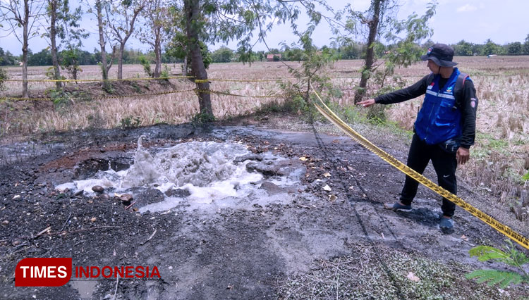 Semburan gas liar di tengah sawah yang menggegerkan warga. (Foto: Muhamad Jupri/TIMES Indonesia)