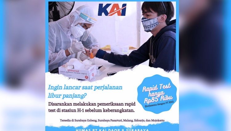 Poster rapid test untuk penumpang KAI.  (FOTO: dok. PT KAI Daop 8 Surabaya)