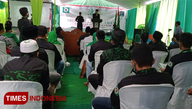 Ketua terpilih Gerakan Pemuda Ka'bah Bondowoso, H Syaiful Bahri Husnan saat menyampaikan sambutan di acara Muscab. (FOTO: Moh Bahri/TIMES Indonesia)