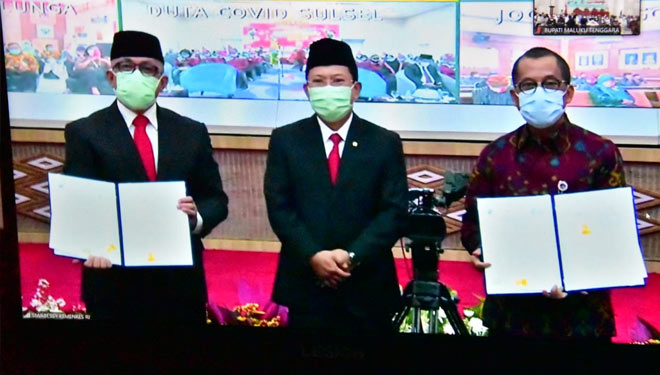 Menteri Kesehatan Terawan Agung Putranto (tengah) saat memberikan penghargaan kepada Pemkab Maluku Tenggara dalam peringatan Hari Kesehatan Nasional 2020 di Jakarta. (foto: Pemkab Maluku Tenggara)