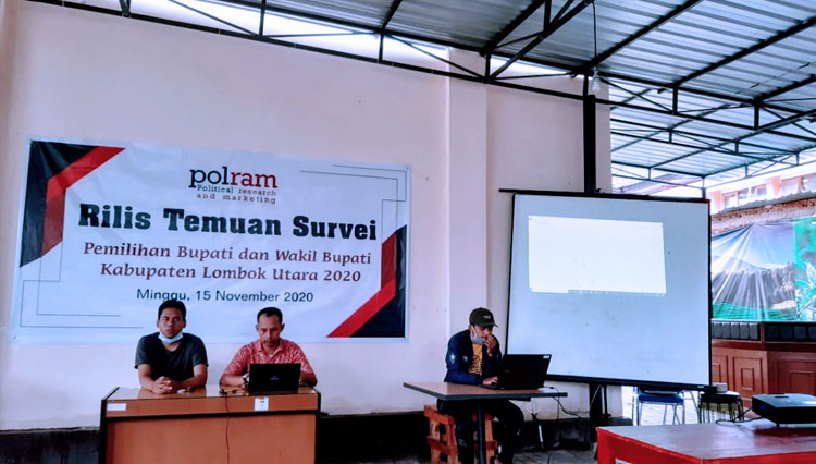 Lembaga survei Polram (Political Research, and Marketing) saat merilis hasil survei elektabilitas peserta Pilkada Lombok Utara. (FOTO: Polram)
