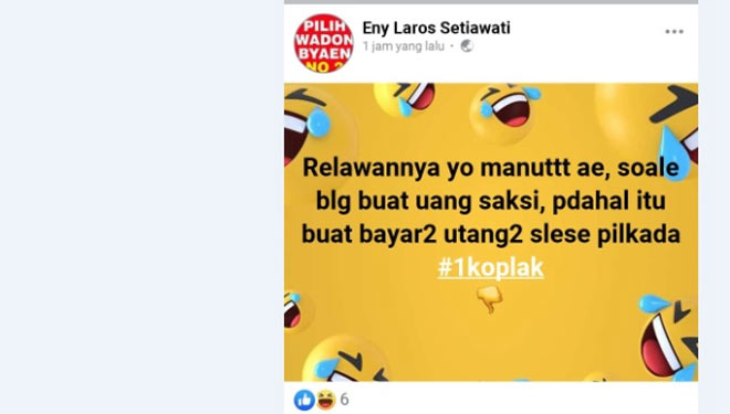 Salah satu postingan Facebook bernama Eny Laros Setiawati yang diadukan ke Polresta Banyuwangi oleh forum pemuda Banyuwangi Muda Bersatu. (Foto: Dokumentasi TIMES Indonesia)