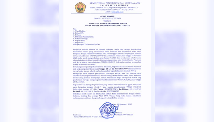 Surat Edaran Rektor Unej tentang sterilisasi kampus setelah dua civitas academica meninggal dunia karena Covid-19. (Foto: Humas Unej for TIMES Indonesia)