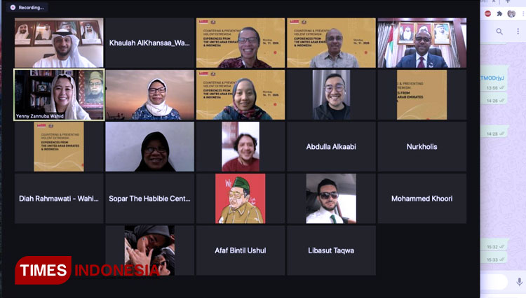 Diskusi terbatas “Countering and Preventing Violent Extremism: Experiences from the United Arab Emirates and Indonesia” yang digelar secara virtual oleh Wahid Foundation bekerjasama dengan Kedutaan Besar Uni Emirat Arab. (FOTO: Nita for TIMES Indonesia)