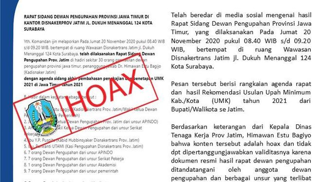 Inilah Hasil Rapat Sidang Dewan Pengupahan Provinsi Jawa Timur dalam rangka Pembahasan UMK Jatim tahun 2021 yang dinilai hoaks. (Foto: Diskominfo Jatim). 