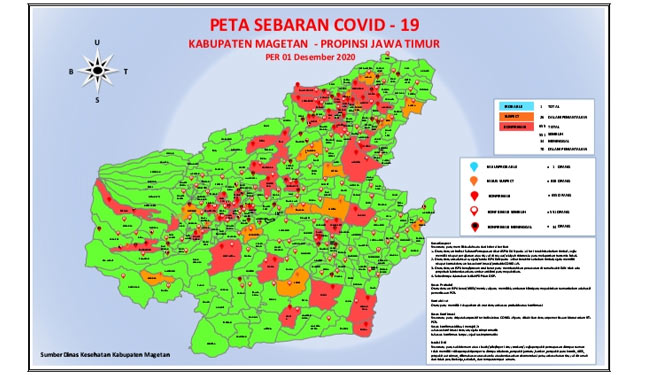 Peta sebaran Covid-19 di Magetan per 1 Desember 2020. (Foto: Satgas Covid-19 Magetan)
