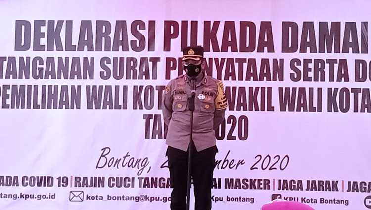 Kapolres Bontang, AKBP Hanifa Martunas Siringoringo saat menyampaikan sambutan pada Deklarasi Damai Pilkada Bontang 2020 (Foto: Kusnadi/TIMES Indonesia)