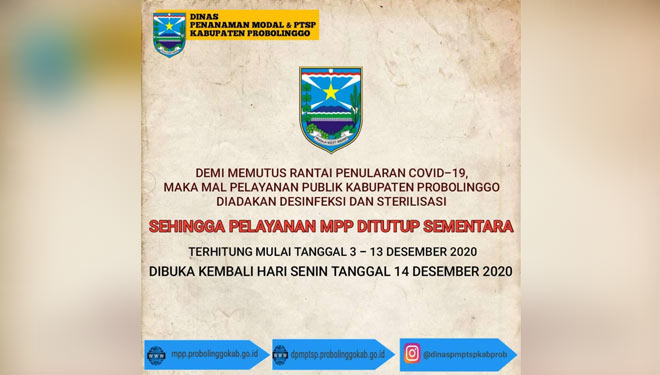 Pengumuman tentang ditutupnya MPP Kabupaten Probolinggo. (Foto: Pemkab Probolinggo)