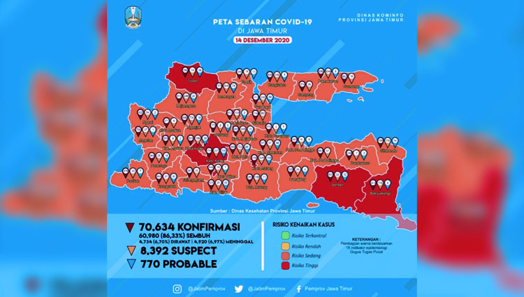 Peta sebaran Covid-19 di Jawa Timur. (FOTO: Satgas Covid-19 Pemprov Jatim)