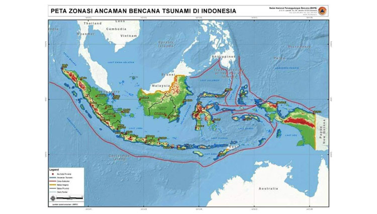 Peta zonasi ancaman bencana tsunami di Indonesia. (Foto: Dok.BNPB)