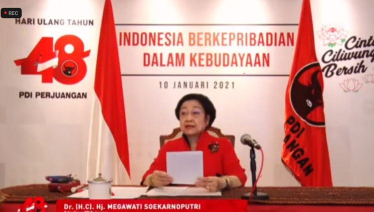 Ketua Umum PDI Perjuangan Megawati Soekarnoputri pada perayaan HUT ke-48 PDI Perjuangan, Minggu (10/1/2021). (Foto: Tangkapan Layar) 