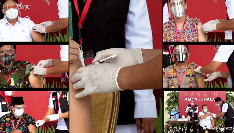 Beberapa tokoh dengan Presiden RI Jokowi sudah disuntik vaksin Covid-19 kemarin di Istana negara. Mereka membuktikan bahwa vaksin dari China adalah aman. (FOTO:  (FOTO: Youtube/BPMI Setpres)