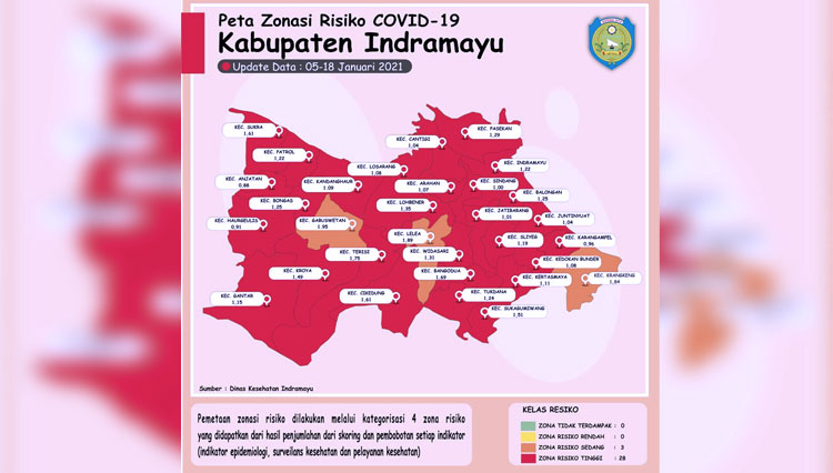Peta sebaran zona merah Covid-19 di Kabupaten Indramayu.(Foto: Diskominfo Kabupaten Indramayu)
