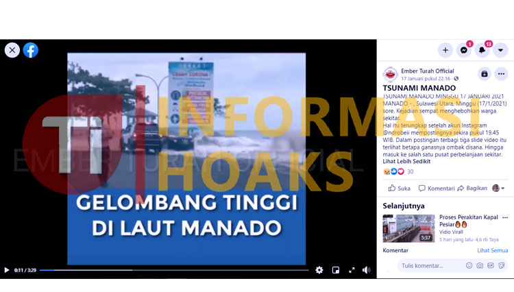 Sebuah video tentang tsunami di Manado beredar di media sosial Facebook. (Tangkapan layar TIMES Indonesia) 