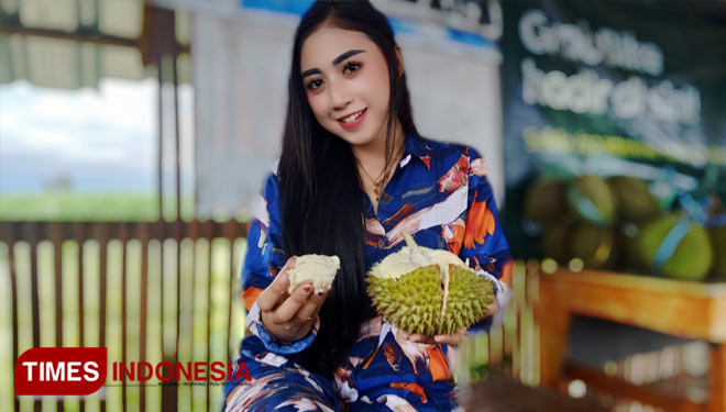 Dyla Oscariya, penyanyi dangdut asal Ponorogo saat menikmati buah durian dari Ngebel Ponorogo. (Foto: Marhaban/TIMES Indonesia)