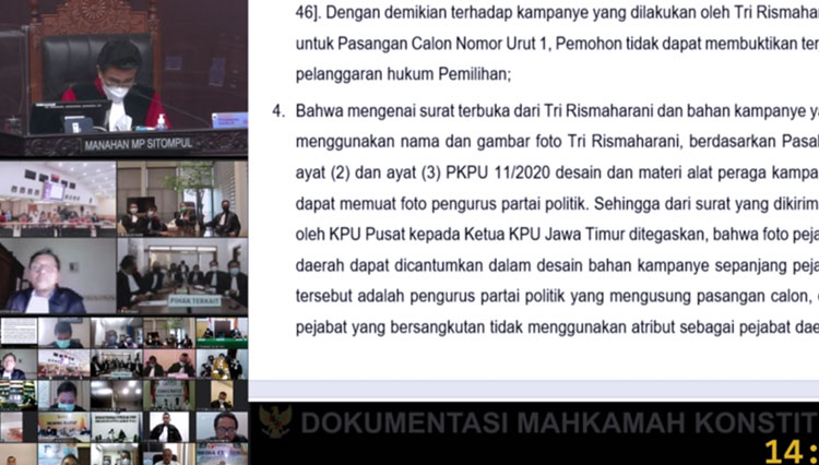 Pembacaan putusan sengketa Pilkada Serentak Surabaya 2020. (Foto: Tangkapan layar/TIMES Indonesia)