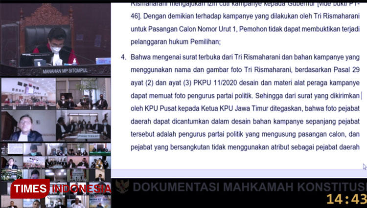 Pembacaan putusan sidang MK atas sengketa Pilkada Serentak Surabaya 2020. (FOTO: Tangkapan layar/TIMES Indonesia)