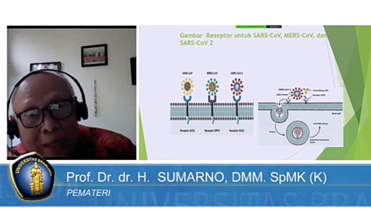 Guru Besar Mikrobiologi Klinik FK UB Prof Dr dr Sumarno, DMM., SpMK(K) saat menjelaskan Sarcov-2 dan Produksi Vaksin Covid-19 melalui forum virtual. (Foto: Tangkapan layar/YouTube)