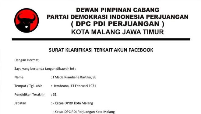 Surat klarifikasi dari pihak DPC PDIP Kota Malang atas akun Facebook palsu yang mencatut nama ketua DPC. (Foto: Istimewa/TIMES Indonesia)
