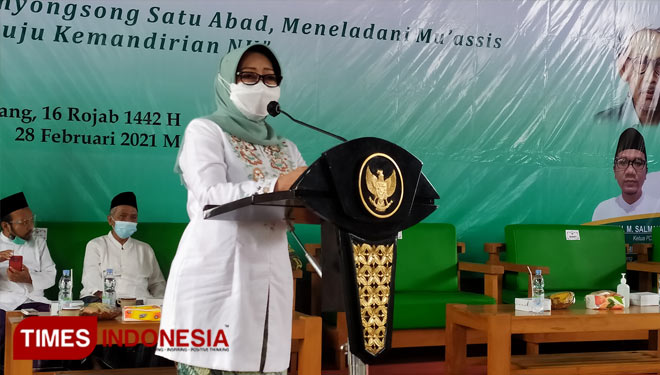 Mundjidah Wahab, Bupati Jombang saat memberikan sambutan dalam suatu acara (Foto: Rohmadi/TIMES Indonesia)