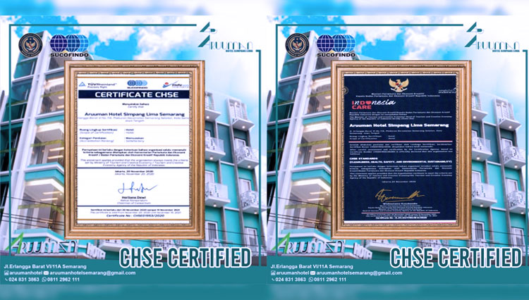 Foto sertifikat CHSE Aruuman Hotel Simpanglima Semarang. (Foto-foto: Aruuman Hotel Simpanglima Semarang for TIMES Indonesia)