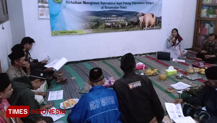 Kegiatan penyuluhan Manajemen Reproduksi Sapi Potong kepada para peternak rakyat di Kecamatan Pakis. (FOTO: AJP TIMES Indonesia)