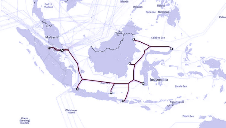 Peta kabel telekomunikasi bawah laut di Indonesia. (Doc: Submarine Cable Map)