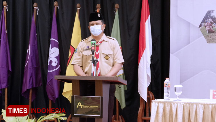 Ketua Harian Kwarda Gerakan Pramuka Jatim, Suyatno, saat memberikan sambutan pembukaan acara Rakerda di Malang. (Foto: Naufal Ardiansyah/TIMES Indonesia)