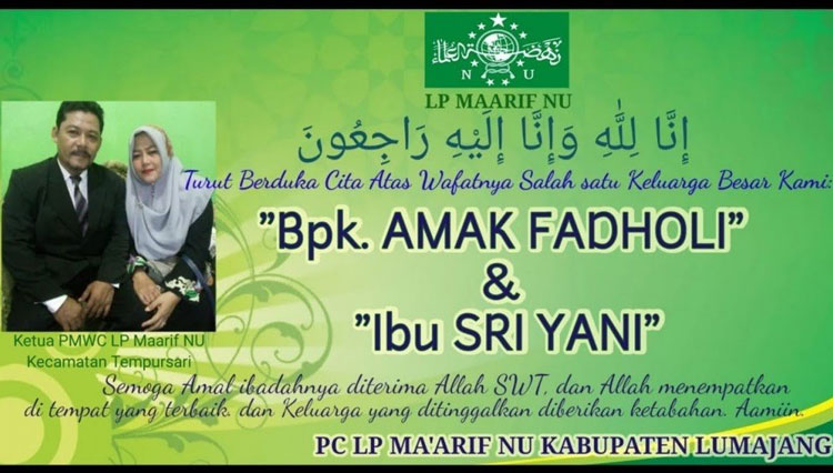  Ketua LP Maarif NU Kecamatan Tempursari Ahmad Fadholi bersama istrinya Sri Yani istrinya meninggal dunia akibat gempa Malang. (foto: dok LP Maarif NU)