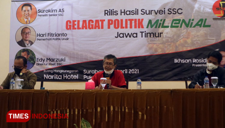 Rilis survey SSC Gelagat Politik Milenial Jawa Timur di Hotel Narita, Surabaya, Senin (12/4/2021).(Foto : Lely Yuana/TIMES Indonesia) 
