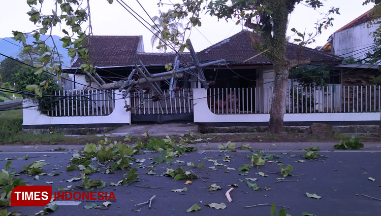 Tiang listrik di Jalan Raya Mastrip Bondowoso atau di depan kantor KPU roboh menimpa rumah warga (Foto: Moh Bahri/TIMES Indonesia).