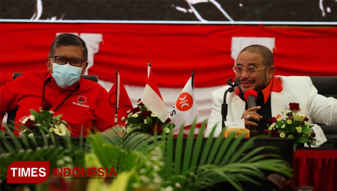 [Kiri] Sekjen PDI Perjuangan Hasto Kristiyanto bersama Sekjen PKS Habib Aboe Bakar Alhabsyi. (FOTO: PDI Perjuangan for TIMES Indonesia).