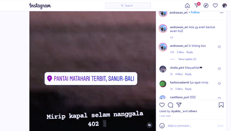 Video yang memperlihatkan penampakan awan yang disebut-sebut mirip kapal selam di Pantai Matahari Terbit, Sanur, Bali, viral di media sosial. (FOTO: Instagram/@andrawan_ari)