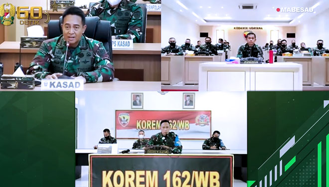 Kasad Jenderal TNI Andika Perkasa melakukan teleconference ke Pangdam IX/Udayana dan Danrem 162/Wira Bhakti terkait update penanganan bencana dan pembuatan jembatan di NTT dan NTB. (Foto: Tangkapan layar YouTube TNI AD)