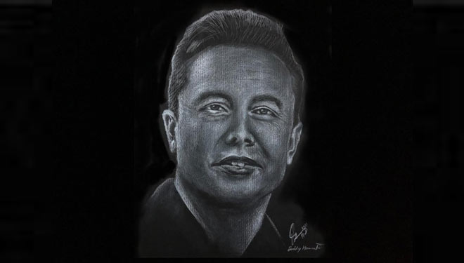 Sketsa wajah Elon Musk (orang terkaya di dunia) karya Mr D yang disukai seniman senior Jim Supangkat. (Foto: Mr D/TIMES Indonesia)