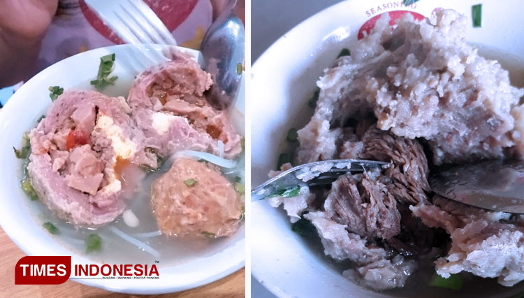 Penampakan Bakso Bowling yang menggoda dan Bongkahan daging dalam bakso Pirang. (Foto: Khodijah Siti/TIMES Indonesia). (Foto: Khodijah Siti/TIMES Indonesia)