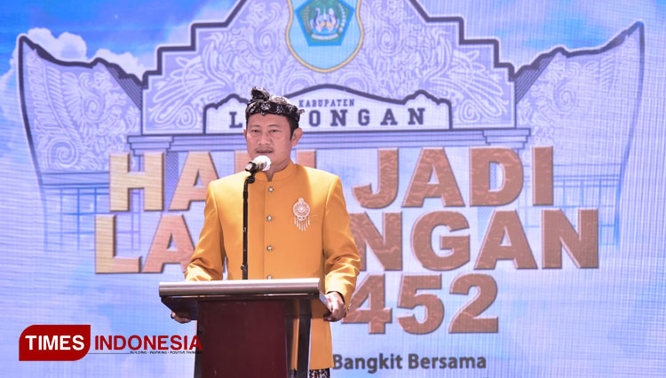 Bupati Lamongan Yuhronur Efendi saat Pasamuan Agung HJL ke 452 di Pendopo Lokatantra, Rabu (26/05/2021). (Foto: Moch. Nuril Huda/TIMES Indonesia)