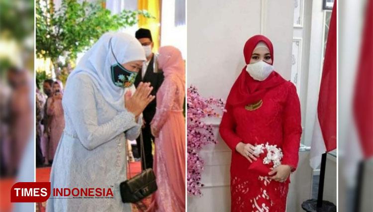 Gubernur Jawa Timur Khofifah Indar Parawansa dan Ketua TPPKK Kota Probolinggo berkenan memakai masker produk UKM Griya Srikandi. (Foto-foto: Griya Srikandi for TIMES Indonesia)