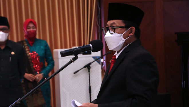 Wali Kota Malang, Sutiaji saat memberikan sambutan di kegiatan pelantikan dan sumpah jabatan bagi pejabatan tinggi pratama di Ruang Sidang, Balai Kota Malang, Rabu (2/6/2021). (Foto: Humas Pemkot Malang for TIMES Indonesia)