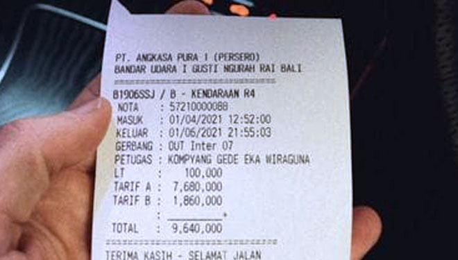 Struk parkir Bandara I Gusti Ngurah Rai Bali, yang bertuliskan total biaya parkir sebesar Rp 9.640.000. (Foto: @bukanakunkoriya)