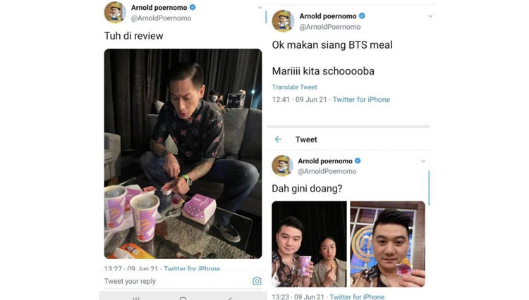 Postingan akun twitter Chef Arnold Poernomo saat mereview BTS Meal bersama Chef Juna dan Chef Rennata. (Foto: Tangkapan Layar/TIMES Indonesia)