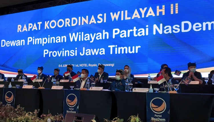 Rapat Koordinasi Wilayah (Rakorwil), yang digelar Dewan Pimpinan Wilayah (DPW) Partai NasDem Provinsi Jawa Timur, di l Royale Hotel Banyuwangi, Sabtu-Minggu, 5-6 Juni 2021 lalu. (Foto: Sabda News)
