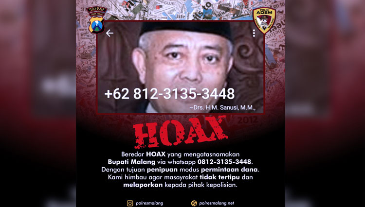 Porles Malang mengeluarkan peringatan hoaks terhadap Akun Palsu WhatsApp Mengatasnamakan Bupati Malang Abah Sanusi. (Foto: Polres Malang)