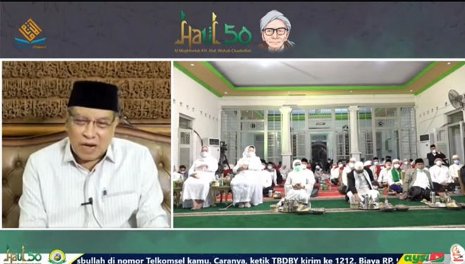 Ketua Umum Pengurus Besar Nahdlatul Ulama (PBNU), KH Said Aqil Siradj saat menberikan sambutan secara virtual di haul emas KH Wahab Chasbullah (Foto : Tangkap Layar)