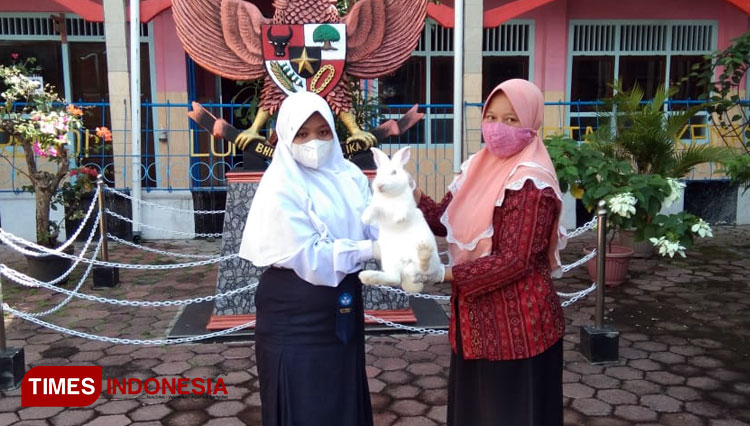 Kepala SMP PGRI 1 Cilacap Sri Surtini serahkan indukan  kelinci pada siswa ya tergabung dalam Mike (FOTO : Heni for TIMES Indonesia)