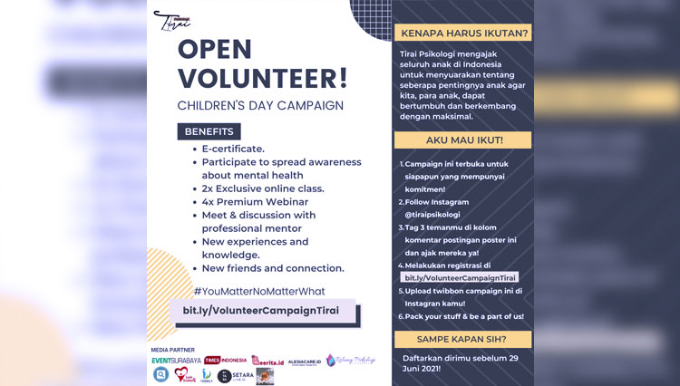 Poster pendaftaran volunteer untuk Komunitas Tirai Psikologi. (Grafis: Komunitas Tirai Psikologi)
